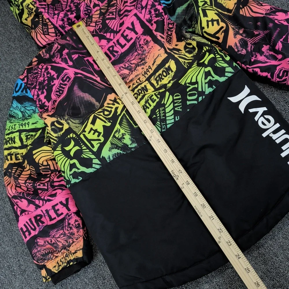 Hurley Neon Graphic Print Hooded Puffer Jacket Kids Small 8-10 Black Multi-Color